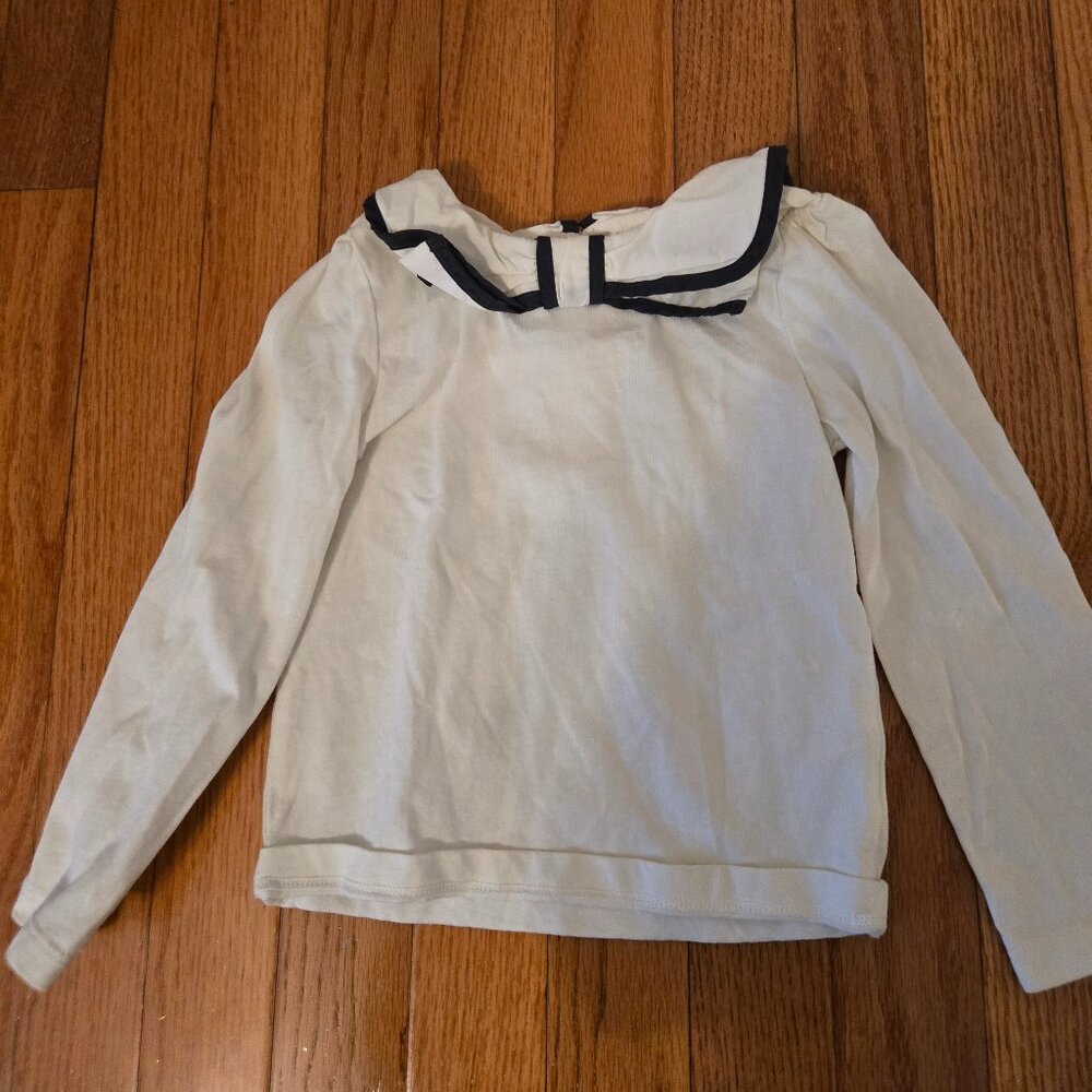 Girls Janie and Jack size 3T Long Sleeved white top with navy bow trim
